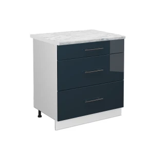 Meuble cuisine Fame-Line Bleu foncé brillant 80cm avec 3 tiroirs, PT Marbre Vicco