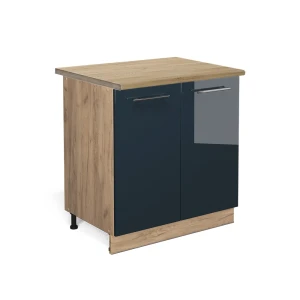 Mobiletto base cucina Fame-Line Blu scuro lucido 80 cm con ripiano, Piano di lavoro Rovere Vicco