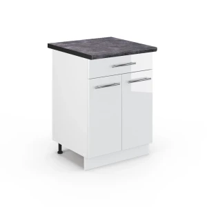 Mobiletto base per cucina Fame-Line Bianco lucido 60 cm con cassetto, Piano di lavoro Antracite Vicco