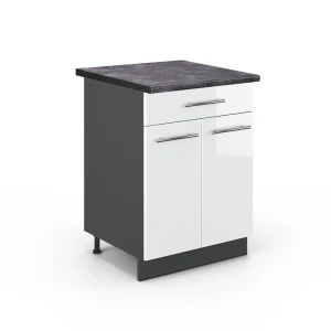 Mobiletto base per cucina Fame-Line Bianco lucido 60 cm con cassetto, Piano di lavoro Antracite Vicco