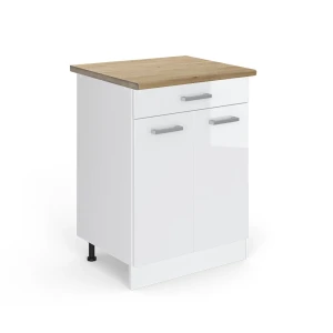 Küchenunterschrank R-Line Weiß Hochglanz 60 cm mit Schublade, AP Eiche Vicco