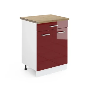 Küchenunterschrank R-Line Rot Hochglanz 60 cm mit Schublade, AP Eiche Vicco