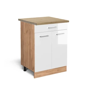 Küchenunterschrank R-Line Weiß Hochglanz 60 cm mit Schublade, AP Eiche livinity®
