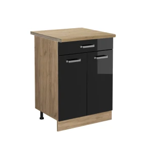 Meuble cuisine R-Line Noir Haute brillance 60cm avec tiroir, PT Chêne Vicco