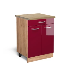 Mueble bajo de cocina R-Line Rojo de alto brillo 60 cm con cajón, ET Roble Vicco