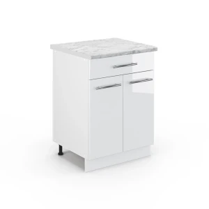 Mobiletto base per cucina Fame-Line Bianco lucido 60 cm con cassetto, Piano di lavoro Marmo Vicco