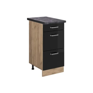 Mobiletto base per cucina R-Line Nero lucido 40 cm con cassetti, Piano di lavoro Antracite Vicco