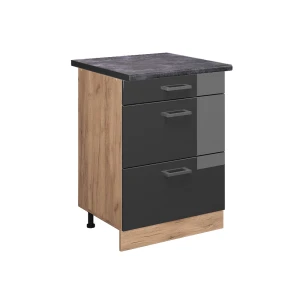 Mobiletto base per cucina R-Line Antracite lucido 60 cm con cassetti, Piano di lavoro Antracite Vicco
