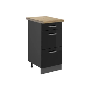 Küchenunterschrank R-Line Schwarz Hochglanz 40 cm mit Schubladen, AP Eiche Vicco
