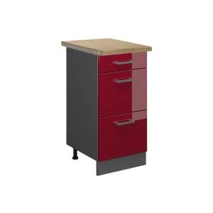 Armário baixo de cozinha R-Line Vermelho alto brilho 40 cm com gavetas, carvalho AP Vicco