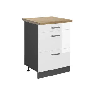 Küchenunterschrank R-Line Weiß Hochglanz 60 cm mit Schubladen, AP Eiche Vicco