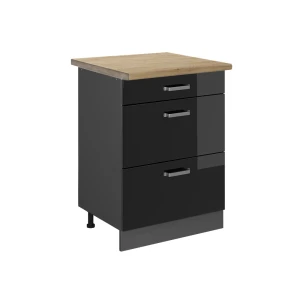 Küchenunterschrank R-Line Schwarz Hochglanz 60 cm mit Schubladen, AP Eiche livinity®