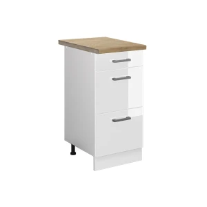 Küchenunterschrank R-Line Weiß Hochglanz 40 cm mit Schubladen, AP Eiche Vicco