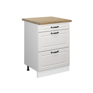 Mobiletto base per cucina R-Line Bianco rustico 60 cm con cassetti, Piano di lavoro Rovere Vicco