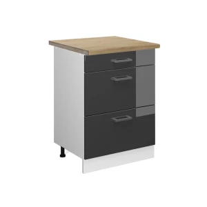 Küchenunterschrank R-Line Anthrazit Hochglanz 60 cm mit Schubladen, AP Eiche livinity®