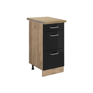 Küchenunterschrank R-Line Schwarz Hochglanz 40 cm mit Schubladen, AP Eiche livinity®