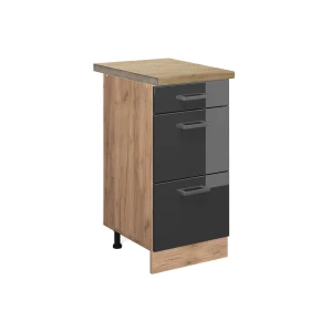 Küchenunterschrank R-Line Anthrazit Hochglanz 40 cm mit Schubladen, AP Eiche Vicco