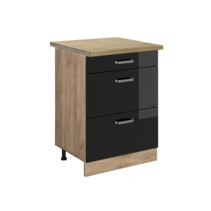 Meuble cuisine R-Line Noir Haute brillance 60cm avec tiroirs, PT Chêne Vicco