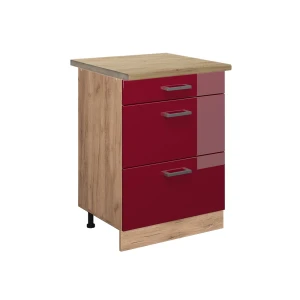 Küchenunterschrank R-Line Rot Hochglanz 60 cm mit Schubladen, AP Eiche Vicco