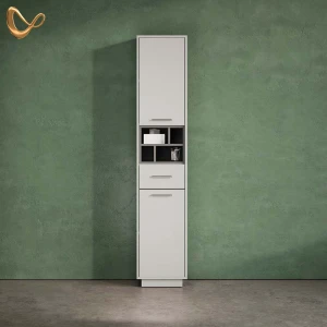 Badschrank Temo Grau/Anthrazit 38 x 190 cm mit Türen, Schublade und offenen Fächern livinity®
