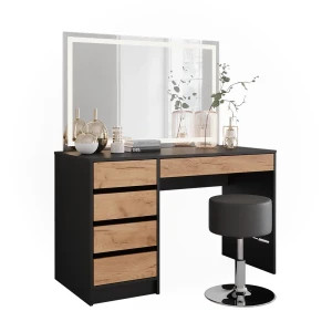Frisørbord Sherry Antracit/gylden eg 120 x 75 cm med LED-spejl og skammel Vicco