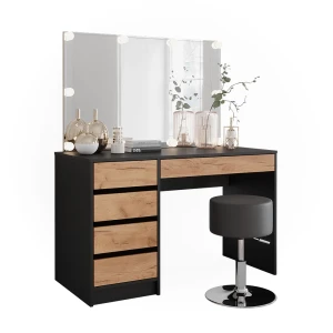 Frisørbord Sherry Antracit/gylden eg 120 x 75 cm med LED-belysning og skammel Vicco