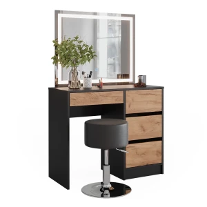 Frisørbord Sherry Antracit/gylden eg 90 x 75 cm med LED-spejl og skammel Vicco
