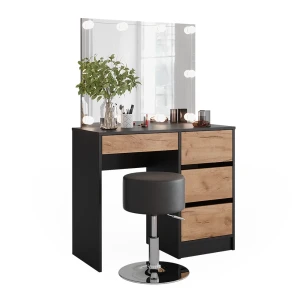 Frisørbord Sherry Antracit/gylden eg 90 x 75 cm med spejl, LED-belysning og skammel Vicco