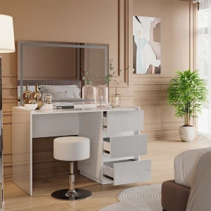 Schminktisch Marla Weiß Hochglanz 120 cm mit LED-Spiegel und Hocker livinity®