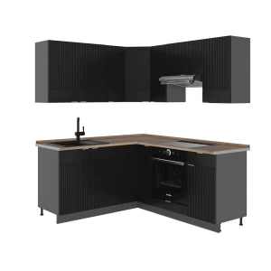 Hjørnekøkken Fame-Line Sort stribet/Antracit 190 x 160 cm, BP Eg Vicco