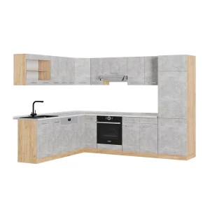 Kogoszczona kuchnia R-Line Beton/Dąb goldkraft 287 x 227 cm, BP Marmur Vicco