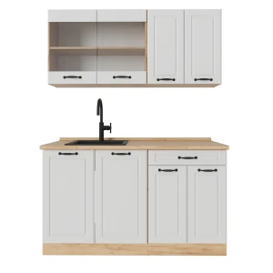 Singleküche R-Line Weiß Landhaus/Goldkraft Eiche 140 cm ohne Arbeitsplatte Vicco