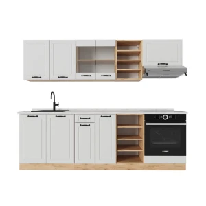 Küchenzeile R-Line Weiß Landhaus/Goldkraft Eiche 240 cm , AP Marmor Vicco