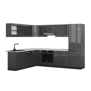 Kogoszczona kuchnia R-Line Antracyt połysk/Antracyt 287 x 227 cm, BP Marmur Vicco