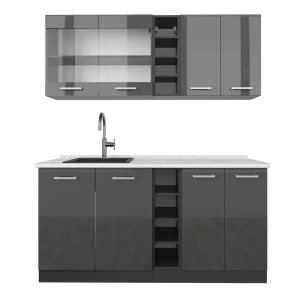 Singleküche R-Line Anthrazit Hochglanz/Anthrazit 160 cm , AP Marmor Vicco