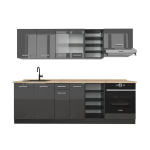 Küchenzeile R-Line Anthrazit Hochglanz/Anthrazit 240 cm , AP Eiche Vicco