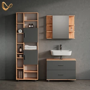 Badmöbel-Set Eisak Anthrazit/Goldkraft Eiche 3 Teile, mit Hochschrank livinity®