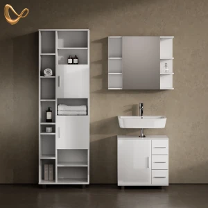 Badmöbel-Set Eisak Weiß Hochglanz 3 Teile, mit Hochschrank livinity®