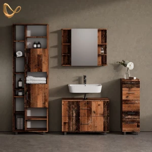 Badmöbel-Set Eisak Eiche rustikal 4 Teile, mit Hochschrank livinity®