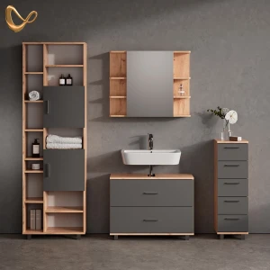 Badmöbel-Set Eisak Eiche 4 Teile, mit Hochschrank livinity®