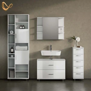 Badmöbel-Set Eisak Weiß Hochglanz 4 Teile, mit Hochschrank livinity®