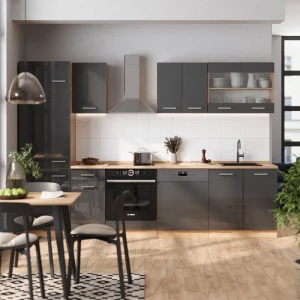 Küchenzeile R-Line Anthrazit Hochglanz/Goldkraft Eiche 300 cm ohne Arbeitsplatte livinity®