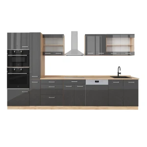 Køkkenrække R-Line Antracit højglans/guld power oak 350 cm med højskab, BP Eg Vicco