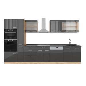 Køkkenrække R-Line Antracit højglans/guld power oak 350 cm med højskab, BP Antracit Vicco