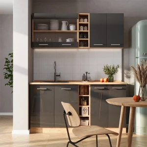 Singleküche R-Line Anthrazit Hochglanz/Goldkraft Eiche 160 cm , AP Anthrazit livinity®