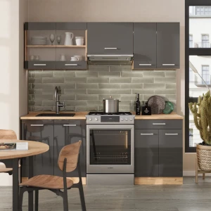 Küchenzeile R-Line Anthrazit Hochglanz/Goldkraft Eiche 200 cm ohne Arbeitsplatte livinity®