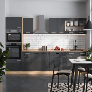 Küchenzeile R-Line Anthrazit Hochglanz/Goldkraft Eiche 300 cm mit Hochschrank, ohne Arbeitsplatte livinity®