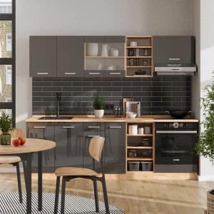 Küchenzeile R-Line Anthrazit Hochglanz/Goldkraft Eiche 240 cm ohne Arbeitsplatte livinity®