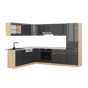 Hjørnekøkken R-Line Antracit højglans/guld power oak 287 x 60 cm , BP Marmor Vicco