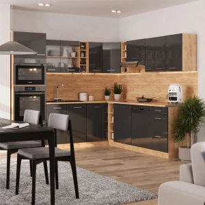 Eckküche R-Line Anthrazit Hochglanz/Goldkraft Eiche 247 x 237 cm, AP Marmor livinity®
